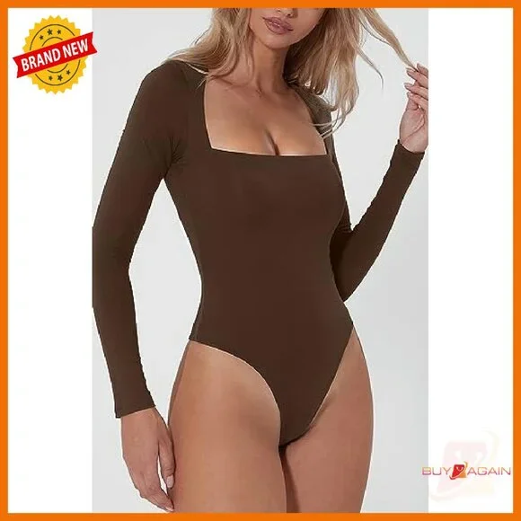 Long Sleeve Square Neck Bodysuit Double Lined Polyamide Shirt Top